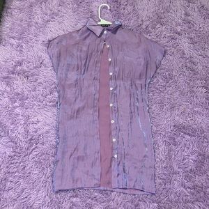 Holographic Drop Shoulder Patched Pocket Satin Blouse